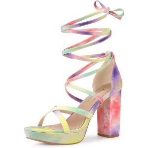 imageAllegra K Womens Tie Dye Platform Chunky Heel Lace Up SandalsYellow