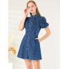 imageAllegra K Womens Denim Dress Button Down Pockets Puff Sleeve Collared Jean DressesDark Blue