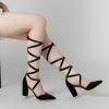 imageAllegra K Womens Velvet Lace Up Chunky Heels Pointed Toe PumpsBlack