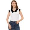 imageAllegra K Womens Casual Contrast Collar Cuff Top Stretchy Cap Sleeve TshirtWhite