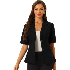 imageAllegra K Blazer for Womens Short Sleeve Button Front Cotton Linen Lapel Collar Work Office Casual Blazer CoatBlack