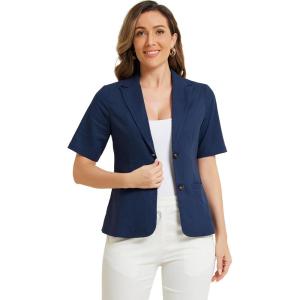 imageAllegra K Blazer for Womens Short Sleeve Button Front Cotton Linen Lapel Collar Work Office Casual Blazer CoatDark Blue