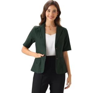 imageAllegra K Blazer for Womens Short Sleeve Button Front Cotton Linen Lapel Collar Work Office Casual Blazer CoatDark Green