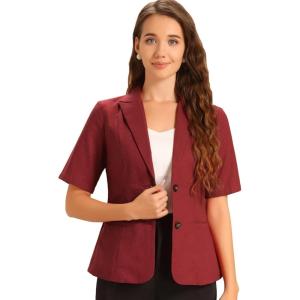 imageAllegra K Blazer for Womens Short Sleeve Button Front Cotton Linen Lapel Collar Work Office Casual Blazer CoatDark Red