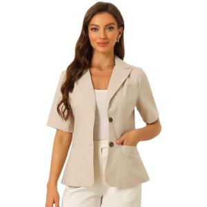 imageAllegra K Blazer for Womens Short Sleeve Button Front Cotton Linen Lapel Collar Work Office Casual Blazer CoatKhaki