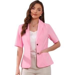 imageAllegra K Blazer for Womens Short Sleeve Button Front Cotton Linen Lapel Collar Work Office Casual Blazer CoatPink