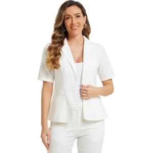 imageAllegra K Blazer for Womens Short Sleeve Button Front Cotton Linen Lapel Collar Work Office Casual Blazer CoatWhite