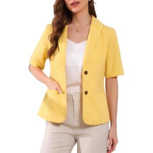 imageAllegra K Blazer for Womens Short Sleeve Button Front Cotton Linen Lapel Collar Work Office Casual Blazer CoatYellow
