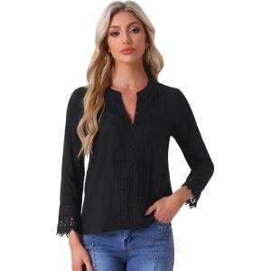 imageAllegra K Boho Blouse for Womens Half Button Placket Long Sleeve Lace Crochet BlousesBlack