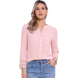 imageAllegra K Boho Blouse for Womens Half Button Placket Long Sleeve Lace Crochet BlousesLight Pink