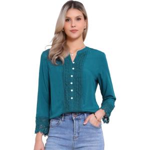imageAllegra K Boho Blouse for Womens Half Button Placket Long Sleeve Lace Crochet BlousesPeacock Blue