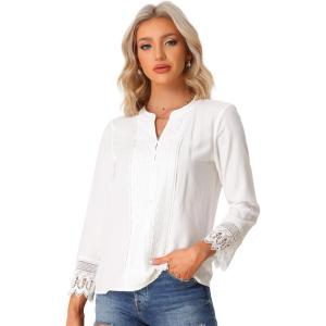 imageAllegra K Boho Blouse for Womens Half Button Placket Long Sleeve Lace Crochet BlousesWhite