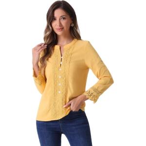 imageAllegra K Boho Blouse for Womens Half Button Placket Long Sleeve Lace Crochet BlousesYellow