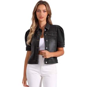 imageAllegra K Casual Jean Jacket for Womens Short Puff Sleeves ButtonDown Denim JacketBlack