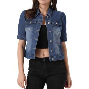 imageAllegra K Casual Jean Jacket for Womens Short Puff Sleeves ButtonDown Denim JacketBlue