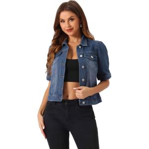 imageAllegra K Casual Jean Jacket for Womens Short Puff Sleeves ButtonDown Denim JacketDark Blue