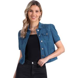 imageAllegra K Casual Jean Jacket for Womens Short Puff Sleeves ButtonDown Denim JacketDenim Blue