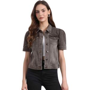 imageAllegra K Casual Jean Jacket for Womens Short Puff Sleeves ButtonDown Denim JacketGrey