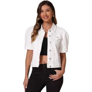 imageAllegra K Casual Jean Jacket for Womens Short Puff Sleeves ButtonDown Denim JacketWhite