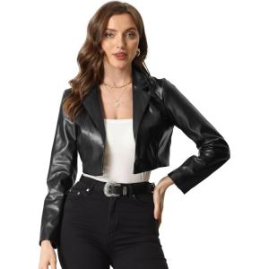 imageAllegra K Cropped Leather Jacket for Womens PU Casual Moto JacketsBlack