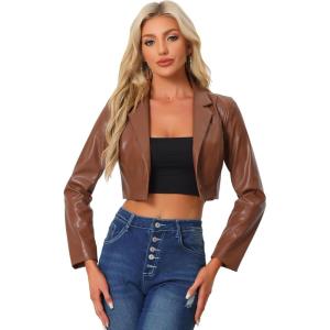 imageAllegra K Cropped Leather Jacket for Womens PU Casual Moto JacketsBrown