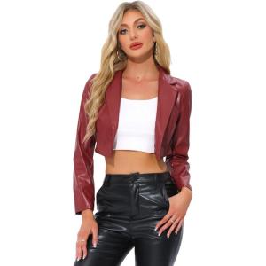 imageAllegra K Cropped Leather Jacket for Womens PU Casual Moto JacketsBurgundy