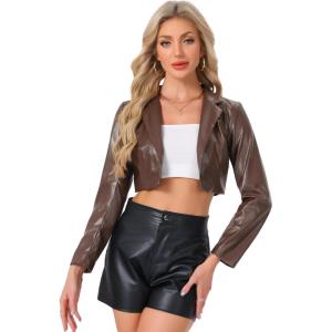 imageAllegra K Cropped Leather Jacket for Womens PU Casual Moto JacketsCoffee