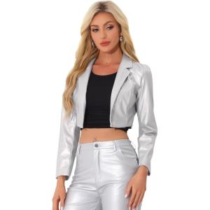 imageAllegra K Cropped Leather Jacket for Womens PU Casual Moto JacketsSilver