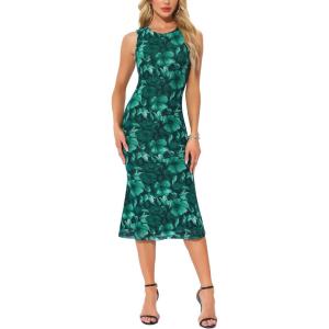 imageAllegra K Mesh Floral Dress for Womens Sleeveless Crew Neck Cocktail Party Midi DressesDark Green