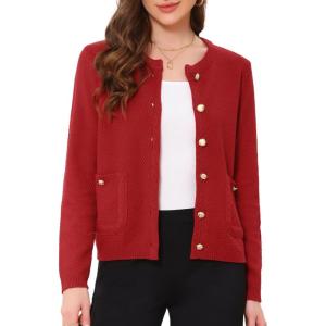 imageAllegra K Open Front Sweater for Womens Collarless Button Down Business Casual Chunky Knit CardigansRed