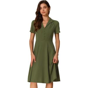 imageAllegra K Vintage Dresses for Womens 2025 Spring Flat Collar Short Sleeve Fit and Flare DressArmy Green