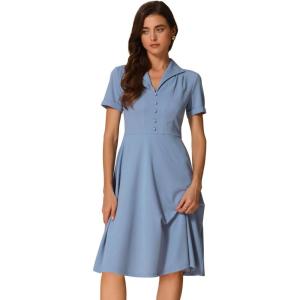 imageAllegra K Vintage Dresses for Womens 2025 Spring Flat Collar Short Sleeve Fit and Flare DressBlue Gray