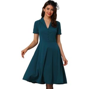 imageAllegra K Vintage Dresses for Womens 2025 Spring Flat Collar Short Sleeve Fit and Flare DressPeacock Blue
