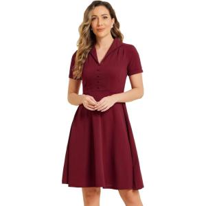 imageAllegra K Vintage Dresses for Womens 2025 Spring Flat Collar Short Sleeve Fit and Flare DressWine Red