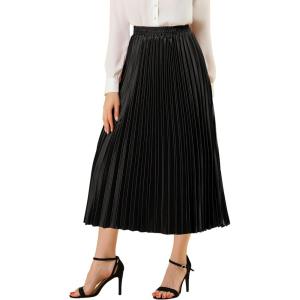 imageAllegra K Women Pleated Skirt Midi Length Elastic High Waisted A Line Metallic Shirring Party SkirtsBlack