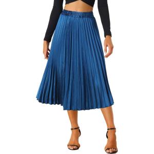 imageAllegra K Women Pleated Skirt Midi Length Elastic High Waisted A Line Metallic Shirring Party SkirtsBlue1