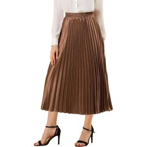 imageAllegra K Women Pleated Skirt Midi Length Elastic High Waisted A Line Metallic Shirring Party SkirtsBrown