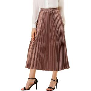 imageAllegra K Women Pleated Skirt Midi Length Elastic High Waisted A Line Metallic Shirring Party SkirtsCopper