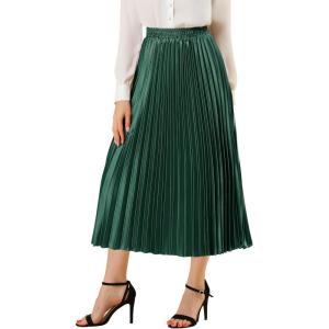 imageAllegra K Women Pleated Skirt Midi Length Elastic High Waisted A Line Metallic Shirring Party SkirtsDrak Green