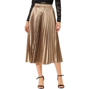 imageAllegra K Women Pleated Skirt Midi Length Elastic High Waisted A Line Metallic Shirring Party SkirtsGoldbrown