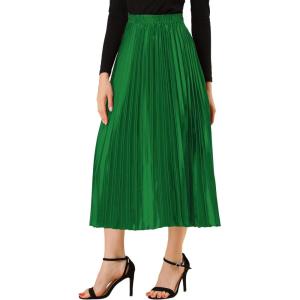 imageAllegra K Women Pleated Skirt Midi Length Elastic High Waisted A Line Metallic Shirring Party SkirtsGreen