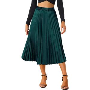 imageAllegra K Women Pleated Skirt Midi Length Elastic High Waisted A Line Metallic Shirring Party SkirtsGreens