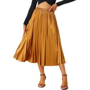 imageAllegra K Women Pleated Skirt Midi Length Elastic High Waisted A Line Metallic Shirring Party SkirtsOrange