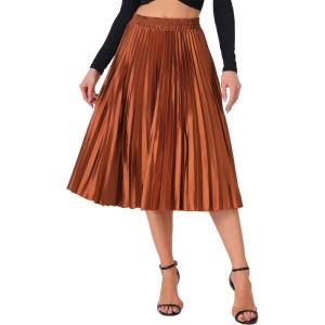 imageAllegra K Women Pleated Skirt Midi Length Elastic High Waisted A Line Metallic Shirring Party SkirtsOrange Coffee