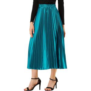 imageAllegra K Women Pleated Skirt Midi Length Elastic High Waisted A Line Metallic Shirring Party SkirtsPeacock Blue