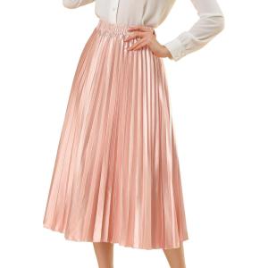 imageAllegra K Women Pleated Skirt Midi Length Elastic High Waisted A Line Metallic Shirring Party SkirtsPink