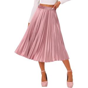 imageAllegra K Women Pleated Skirt Midi Length Elastic High Waisted A Line Metallic Shirring Party SkirtsPink1