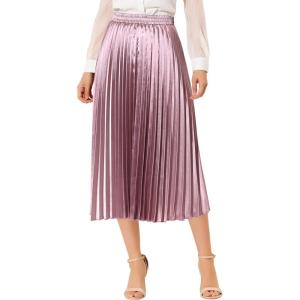 imageAllegra K Women Pleated Skirt Midi Length Elastic High Waisted A Line Metallic Shirring Party SkirtsRose Purple