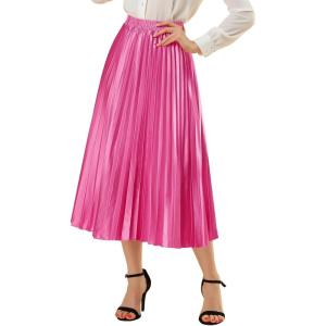 imageAllegra K Women Pleated Skirt Midi Length Elastic High Waisted A Line Metallic Shirring Party SkirtsRose Red