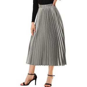 imageAllegra K Women Pleated Skirt Midi Length Elastic High Waisted A Line Metallic Shirring Party SkirtsSilver Grey